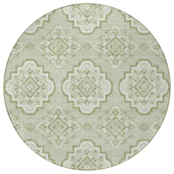 8' Artichoke Green And Ivory Round Medallion Washable Indoor Outdoor Area Rug