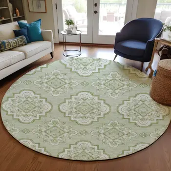 8' Artichoke Green And Ivory Round Medallion Washable Indoor Outdoor Area Rug