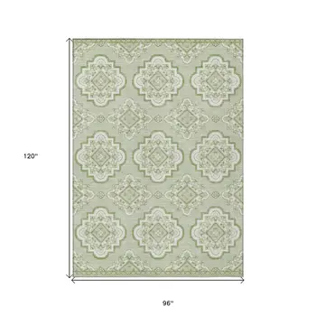 8' X 10' Artichoke Green And Ivory Medallion Washable Indoor Outdoor Area Rug