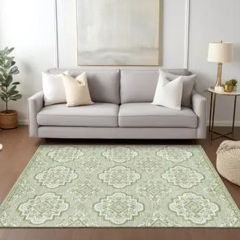 8' X 10' Artichoke Green And Ivory Medallion Washable Indoor Outdoor Area Rug
