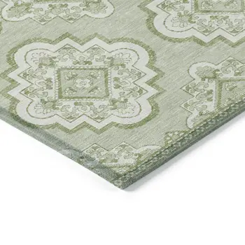 9' X 12' Artichoke Green And Ivory Medallion Washable Indoor Outdoor Area Rug