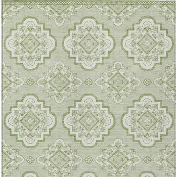9' X 12' Artichoke Green And Ivory Medallion Washable Indoor Outdoor Area Rug