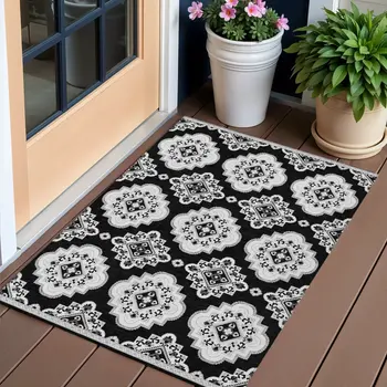 3' X 5' Black And Ivory Medallion Washable Indoor Outdoor Area Rug