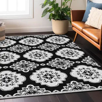 3' X 5' Black And Ivory Medallion Washable Indoor Outdoor Area Rug