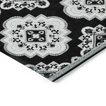 5' X 8' Black And Ivory Medallion Washable Indoor Outdoor Area Rug