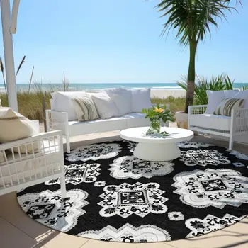 8' Black Round Medallion Washable Indoor Outdoor Area Rug