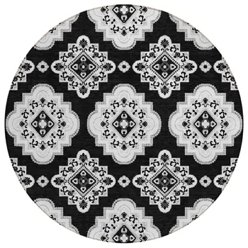 8' Black Round Medallion Washable Indoor Outdoor Area Rug