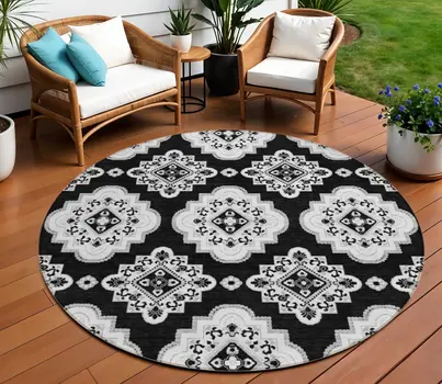 8' Black Round Medallion Washable Indoor Outdoor Area Rug