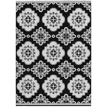 9' X 12' Black And Ivory Medallion Washable Indoor Outdoor Area Rug