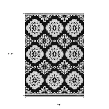 9' X 12' Black And Ivory Medallion Washable Indoor Outdoor Area Rug