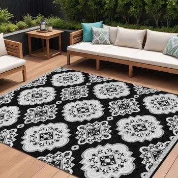 9' X 12' Black And Ivory Medallion Washable Indoor Outdoor Area Rug