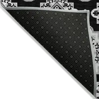 9' X 12' Black And Ivory Medallion Washable Indoor Outdoor Area Rug