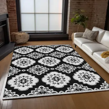 10' X 14' Black And Ivory Medallion Washable Indoor Outdoor Area Rug