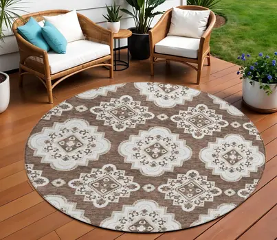 8' Brown And Ivory Round Medallion Washable Indoor Outdoor Area Rug