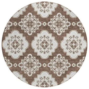 8' Brown And Ivory Round Medallion Washable Indoor Outdoor Area Rug