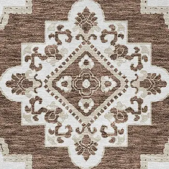 8' Brown And Ivory Round Medallion Washable Indoor Outdoor Area Rug