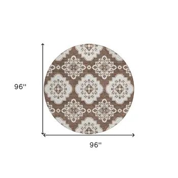 8' Brown And Ivory Round Medallion Washable Indoor Outdoor Area Rug