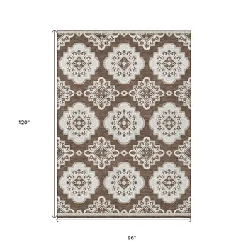 8' X 10' Brown And Ivory Medallion Washable Indoor Outdoor Area Rug