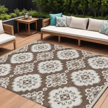 8' X 10' Brown And Ivory Medallion Washable Indoor Outdoor Area Rug