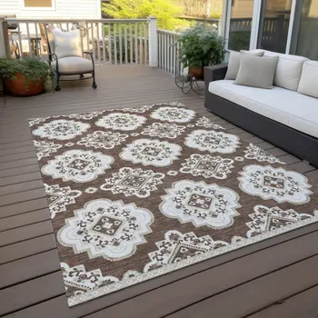 8' X 10' Brown And Ivory Medallion Washable Indoor Outdoor Area Rug