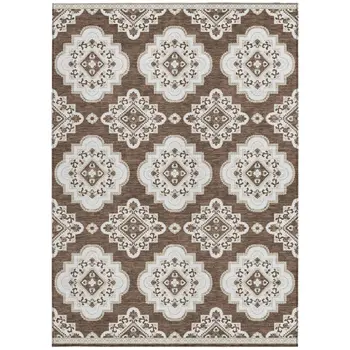 9' X 12' Brown And Ivory Medallion Washable Indoor Outdoor Area Rug