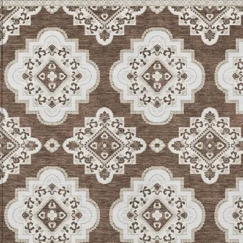 9' X 12' Brown And Ivory Medallion Washable Indoor Outdoor Area Rug