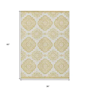 3' X 5' Gold And Ivory Medallion Washable Indoor Outdoor Area Rug