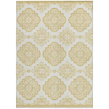5' X 8' Gold And Ivory Medallion Washable Indoor Outdoor Area Rug