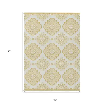 5' X 8' Gold And Ivory Medallion Washable Indoor Outdoor Area Rug