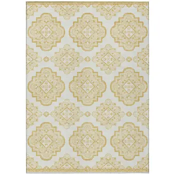 5' X 8' Gold And Ivory Medallion Washable Indoor Outdoor Area Rug