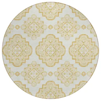 8' Gold And Ivory Round Medallion Washable Indoor Outdoor Area Rug