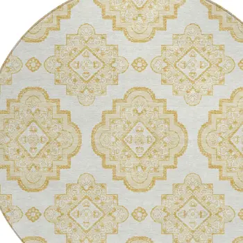 8' Gold And Ivory Round Medallion Washable Indoor Outdoor Area Rug