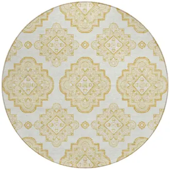 8' Gold And Ivory Round Medallion Washable Indoor Outdoor Area Rug