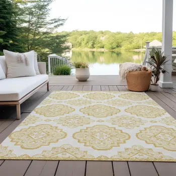 10' X 14' Gold And Ivory Medallion Washable Indoor Outdoor Area Rug