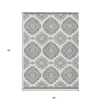 3' X 5' Gray And Ivory Medallion Washable Indoor Outdoor Area Rug