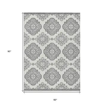 5' X 8' Gray And Ivory Medallion Washable Indoor Outdoor Area Rug