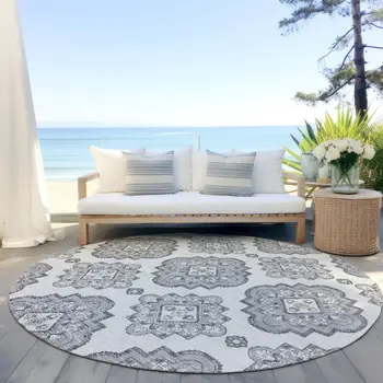 8' Gray And Ivory Round Medallion Washable Indoor Outdoor Area Rug