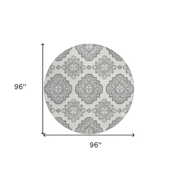 8' Gray And Ivory Round Medallion Washable Indoor Outdoor Area Rug