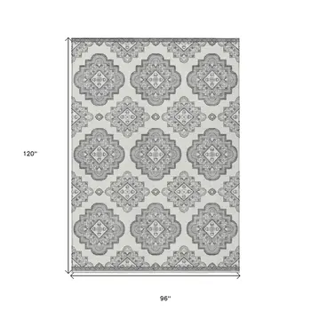 8' X 10' Gray And Ivory Medallion Washable Indoor Outdoor Area Rug