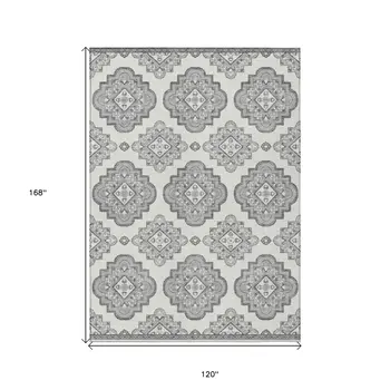 10' X 14' Gray And Ivory Medallion Washable Indoor Outdoor Area Rug