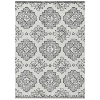 10' X 14' Gray And Ivory Medallion Washable Indoor Outdoor Area Rug