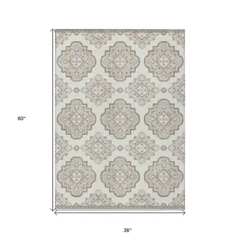 3' X 5' Ivory And Brown Medallion Washable Indoor Outdoor Area Rug
