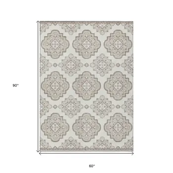 5' X 8' Ivory And Brown Medallion Washable Indoor Outdoor Area Rug