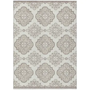 5' X 8' Ivory And Brown Medallion Washable Indoor Outdoor Area Rug