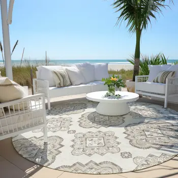 8' Ivory And Brown Round Medallion Washable Indoor Outdoor Area Rug
