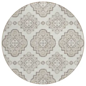8' Ivory And Brown Round Medallion Washable Indoor Outdoor Area Rug