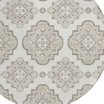 8' Ivory And Brown Round Medallion Washable Indoor Outdoor Area Rug