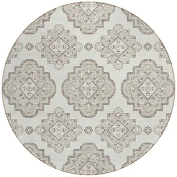 8' Ivory And Brown Round Medallion Washable Indoor Outdoor Area Rug