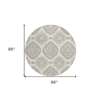 8' Ivory And Brown Round Medallion Washable Indoor Outdoor Area Rug