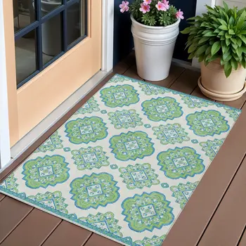 3' X 5' Lime Green And Ivory Medallion Washable Indoor Outdoor Area Rug